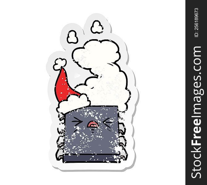 hand drawn distressed sticker cartoon of a overheating computer chip wearing santa hat