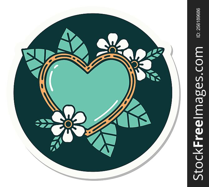 sticker of tattoo in traditional style of a botanical heart. sticker of tattoo in traditional style of a botanical heart