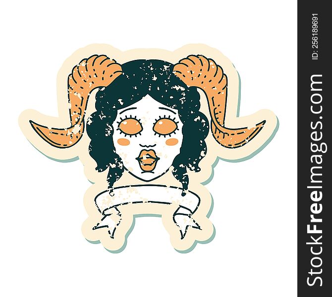 Retro Tattoo Style tiefling character face with scroll banner. Retro Tattoo Style tiefling character face with scroll banner