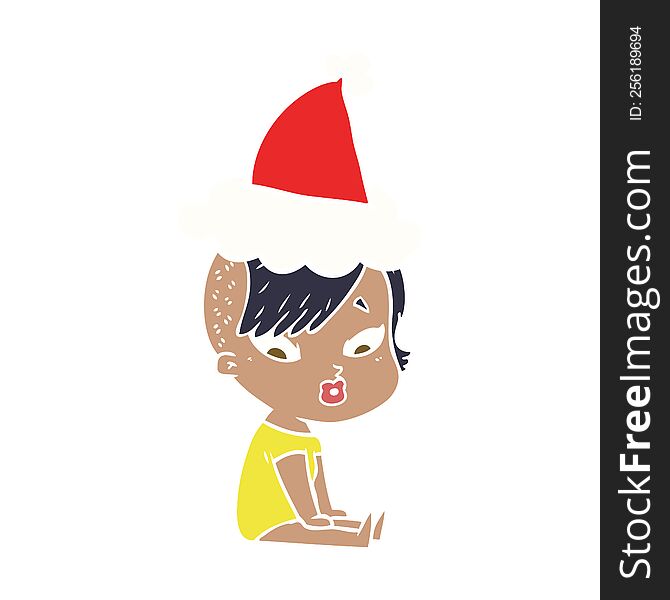 flat color illustration of a surprised girl wearing santa hat