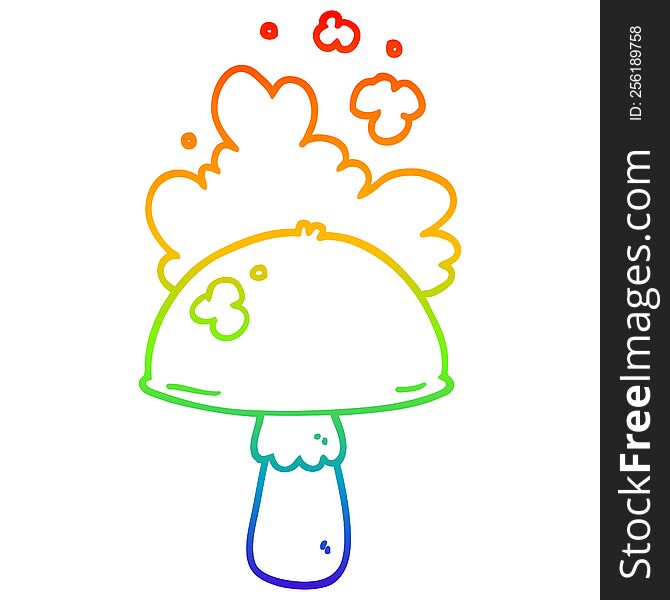 Rainbow Gradient Line Drawing Cartoon Mushroom With Spore Cloud