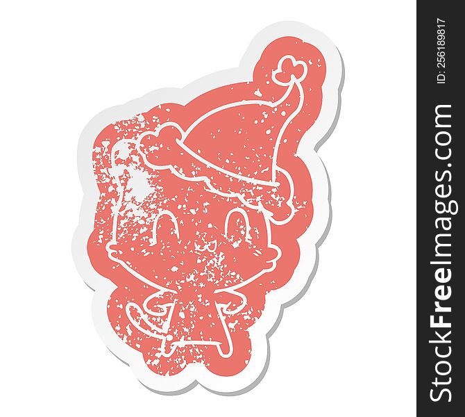 Cartoon Distressed Sticker Of A Happy Cat Wearing Santa Hat