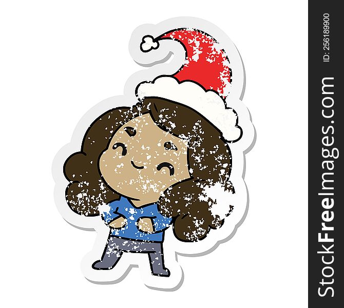 hand drawn christmas distressed sticker cartoon of kawaii girl