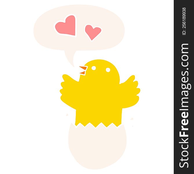 cute hatching chick cartoon with speech bubble in retro style
