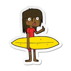 Sticker Of A Cartoon Surfer Girl Royalty Free Stock Photography