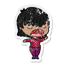 Distressed Sticker Of A Cartoon Woman Talking Loudly Stock Photo