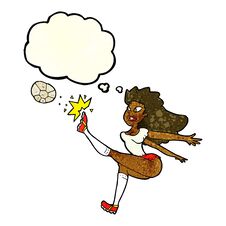 Cartoon Female Soccer Player Kicking Ball With Thought Bubble Royalty Free Stock Images