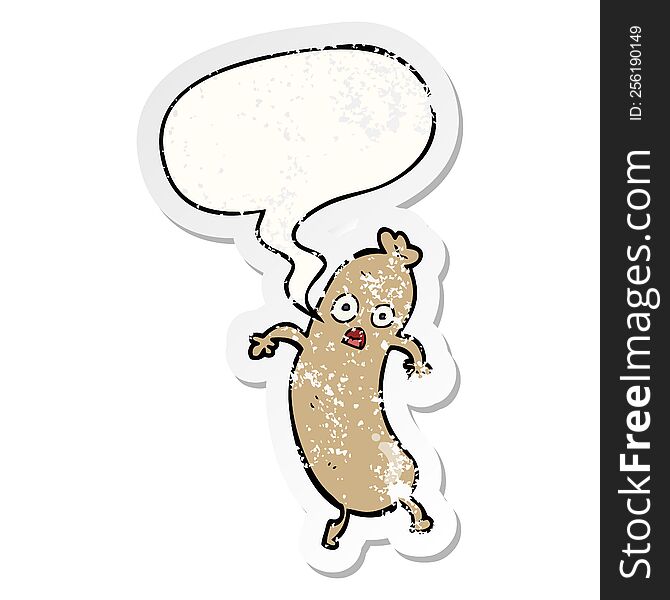 Cartoon Sausage And Speech Bubble Distressed Sticker