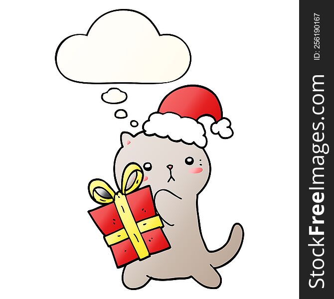 cute cartoon cat carrying christmas present with thought bubble in smooth gradient style