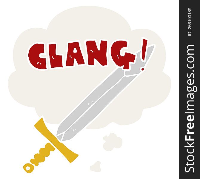 cartoon clanging sword with thought bubble in retro style