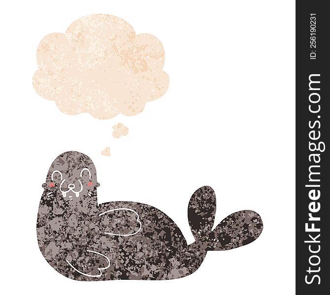 cartoon seal with thought bubble in grunge distressed retro textured style. cartoon seal with thought bubble in grunge distressed retro textured style