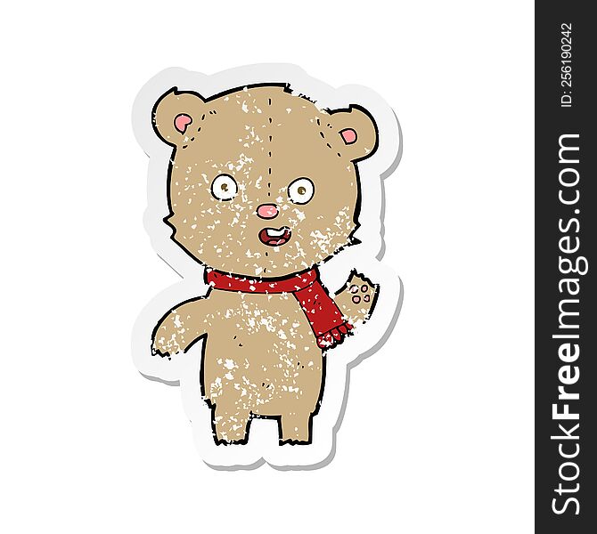 Retro Distressed Sticker Of A Cartoon Waving Teddy Bear With Scarf