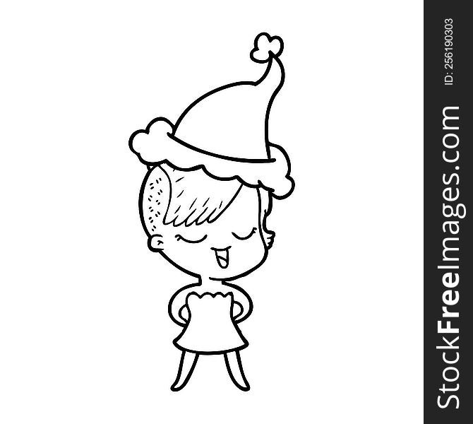 happy line drawing of a girl in cocktail dress wearing santa hat