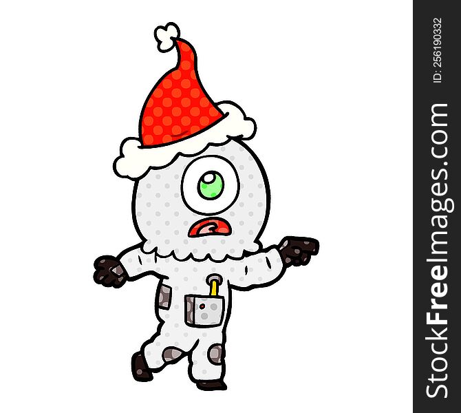hand drawn comic book style illustration of a cyclops alien spaceman pointing wearing santa hat