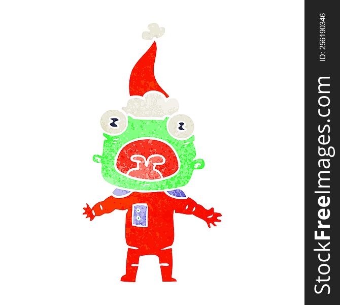 hand drawn retro cartoon of a weird alien communicating wearing santa hat