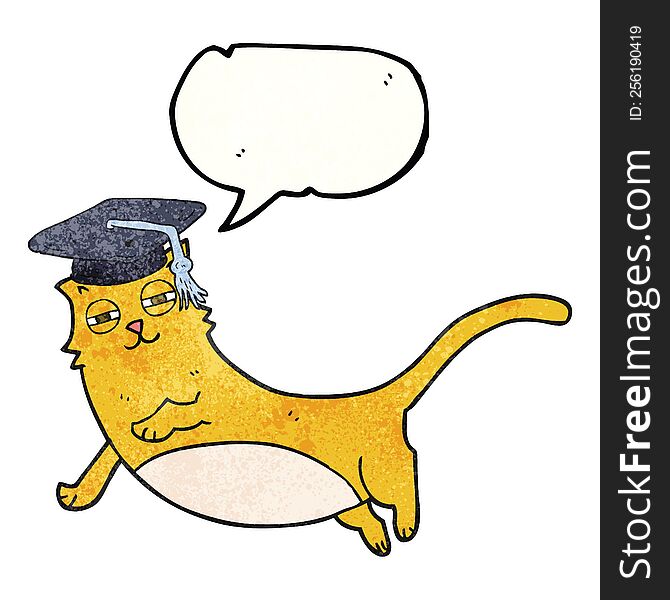 freehand drawn texture speech bubble cartoon cat with graduate cap