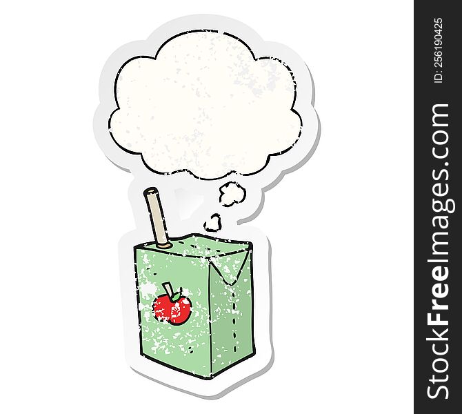 cartoon apple juice box with thought bubble as a distressed worn sticker