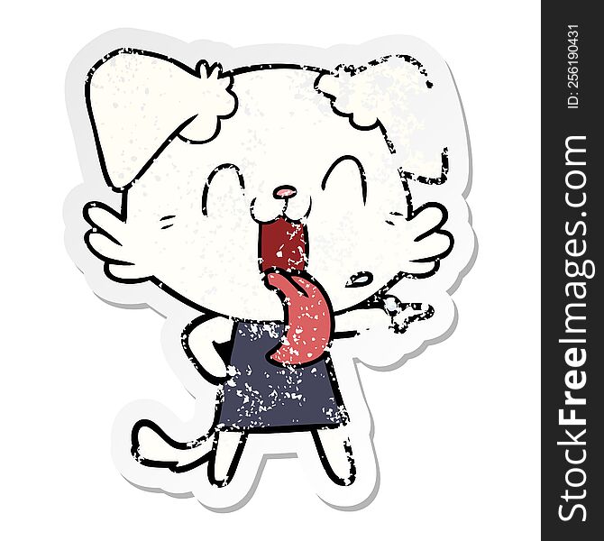 Distressed Sticker Of A Cartoon Panting Dog In Dress