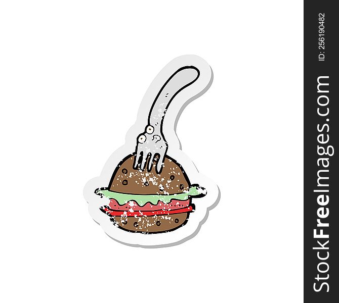 Retro Distressed Sticker Of A Cartoon Fork And Burger