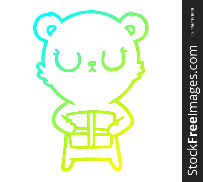 cold gradient line drawing of a peaceful cartoon bear with present