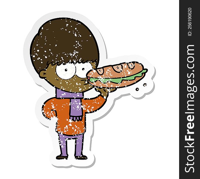 distressed sticker of a nervous cartoon boy with sandwich
