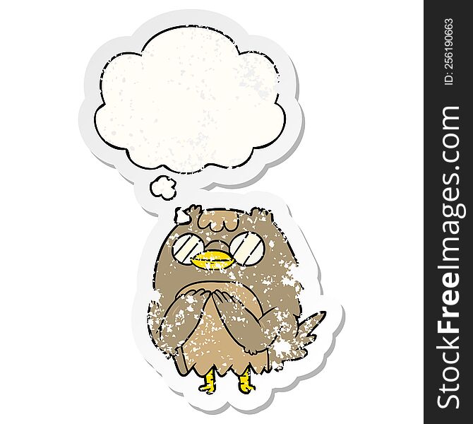 Cartoon Wise Old Owl And Thought Bubble As A Distressed Worn Sticker