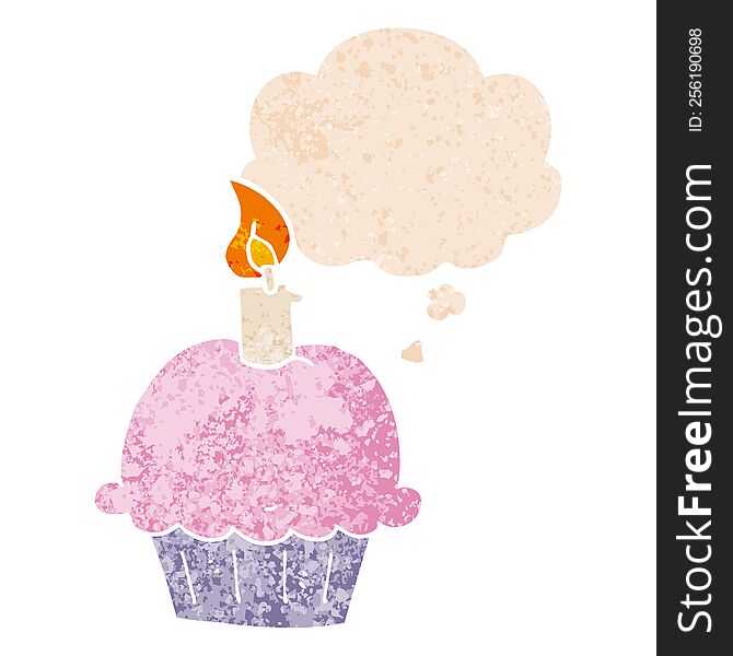 Cartoon Birthday Cupcake And Thought Bubble In Retro Textured Style