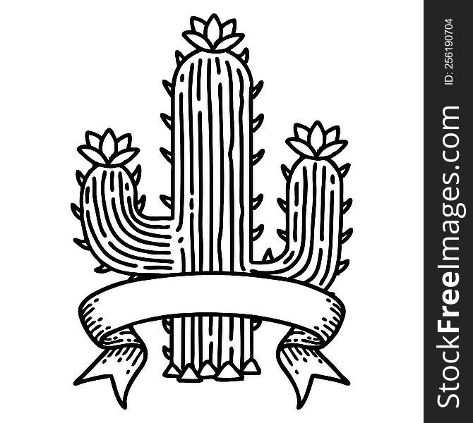 traditional black linework tattoo with banner of a cactus