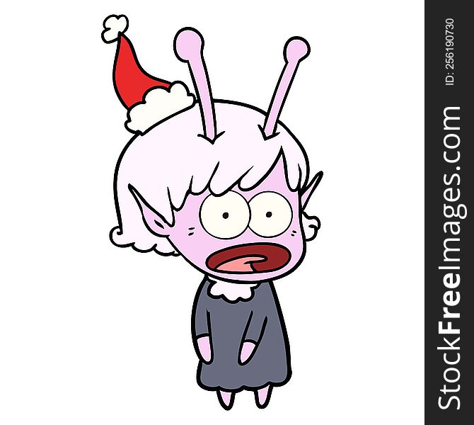 line drawing of a shocked alien girl wearing santa hat