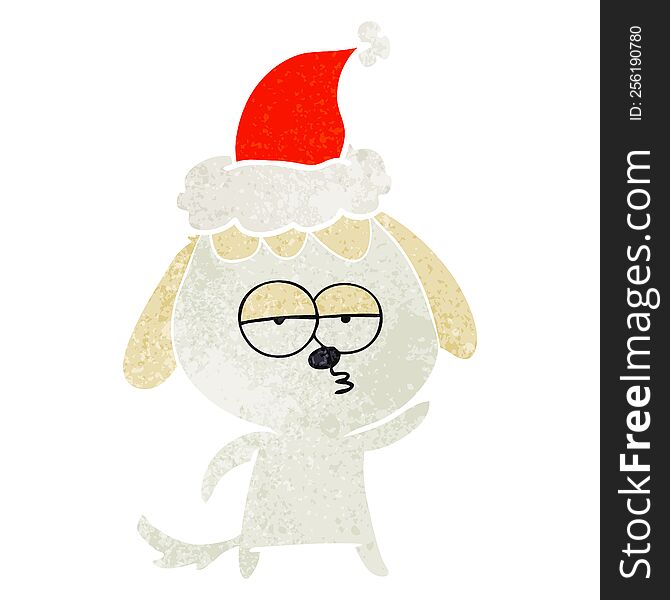 hand drawn retro cartoon of a bored dog wearing santa hat