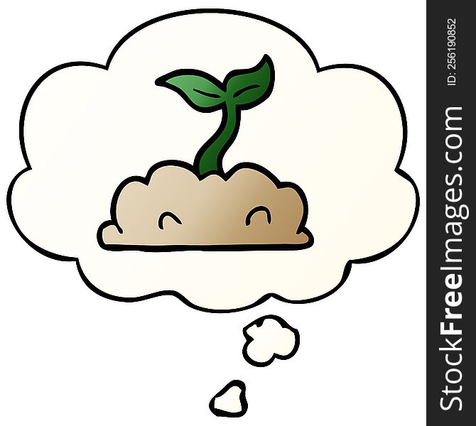 cartoon growing seedling with thought bubble in smooth gradient style