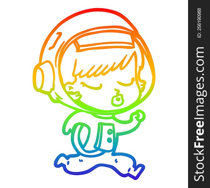 Rainbow Gradient Line Drawing Cartoon Pretty Astronaut Girl Running