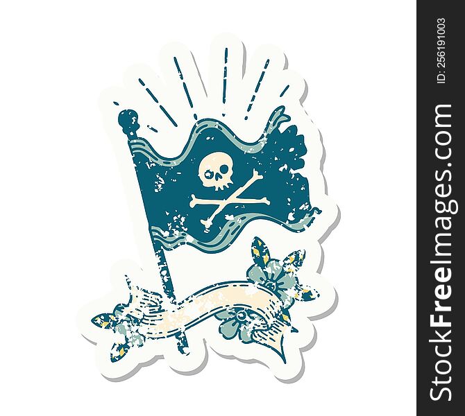 grunge sticker of tattoo style waving pirate flag