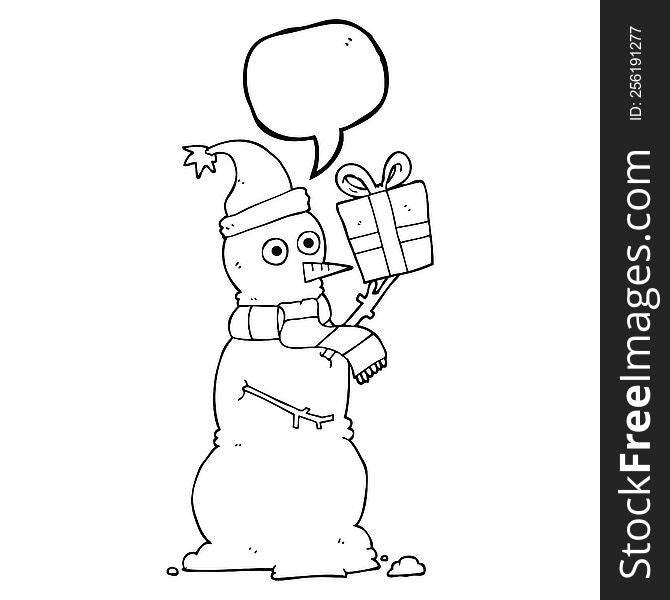 freehand drawn speech bubble cartoon snowman holding present