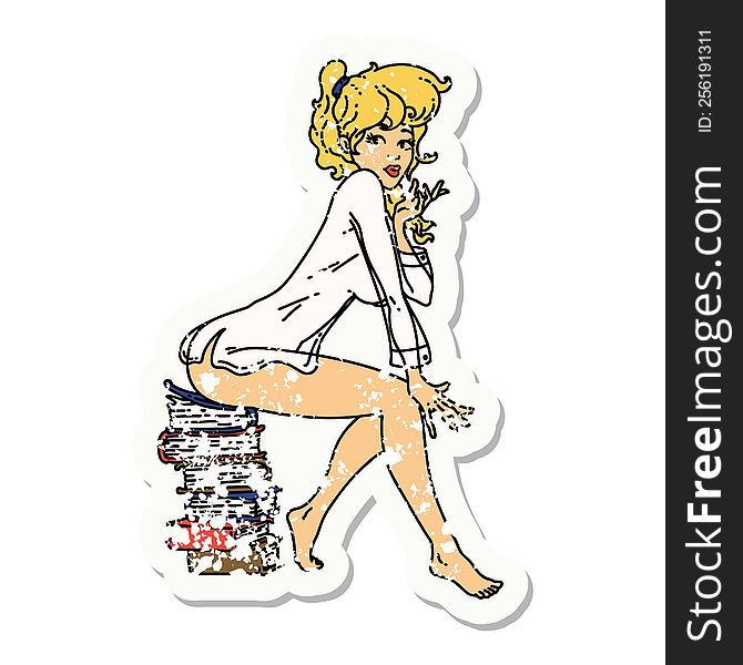 distressed sticker tattoo of a pinup girl sitting on books