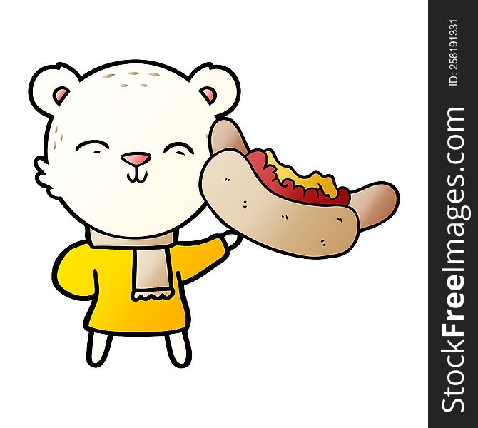 happy cartoon polar bear with hot dog. happy cartoon polar bear with hot dog