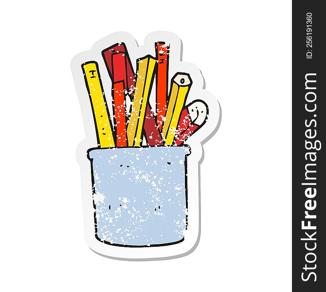 retro distressed sticker of a cartoon desk pot of pencils and pens