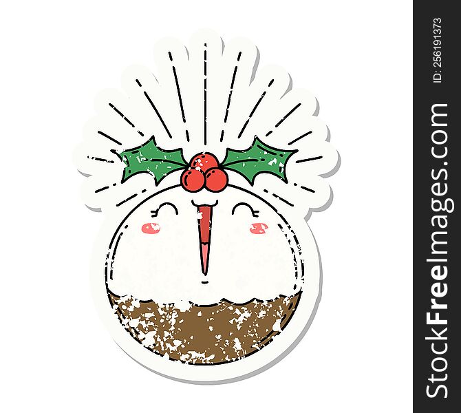 Grunge Sticker Of Tattoo Style Singing Christmas Pudding