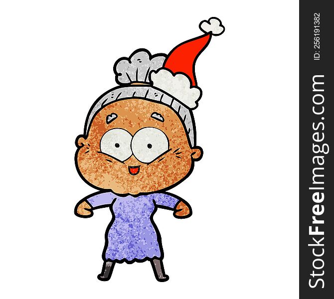 Textured Cartoon Of A Happy Old Woman Wearing Santa Hat