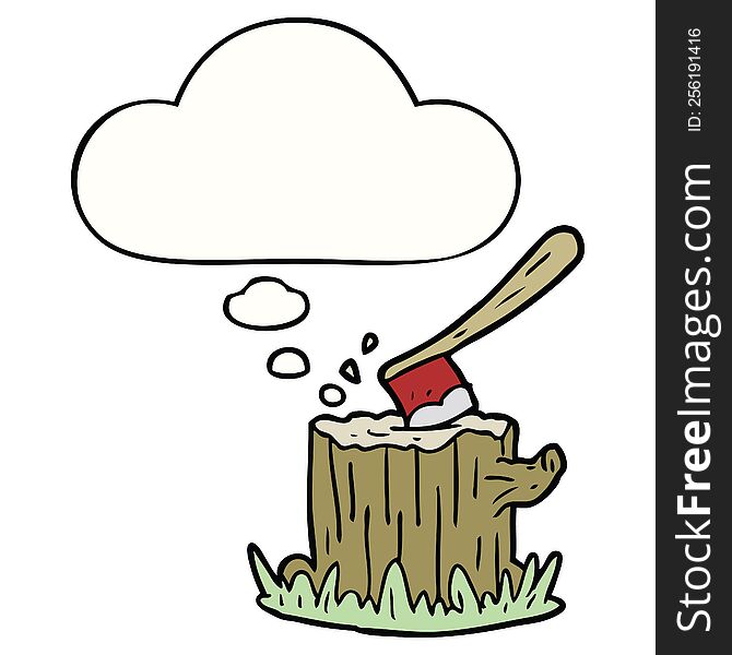 cartoon axe in tree stump with thought bubble