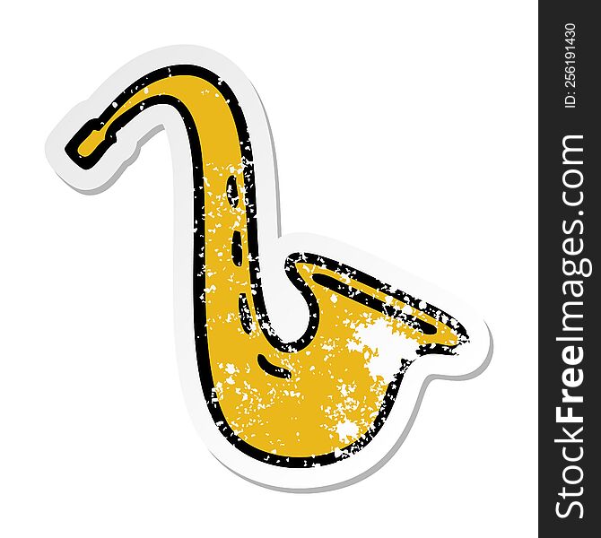 Distressed Sticker Of A Cute Cartoon Musical Saxophone