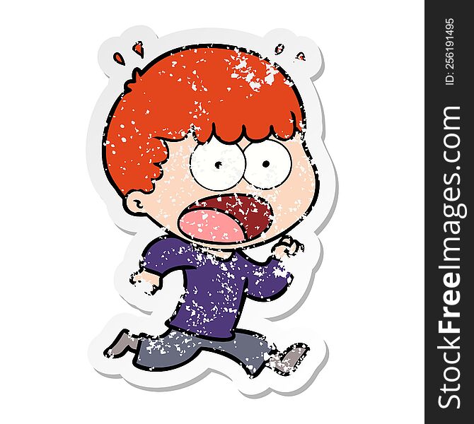 Distressed Sticker Of A Cartoon Shocked Man Running Away