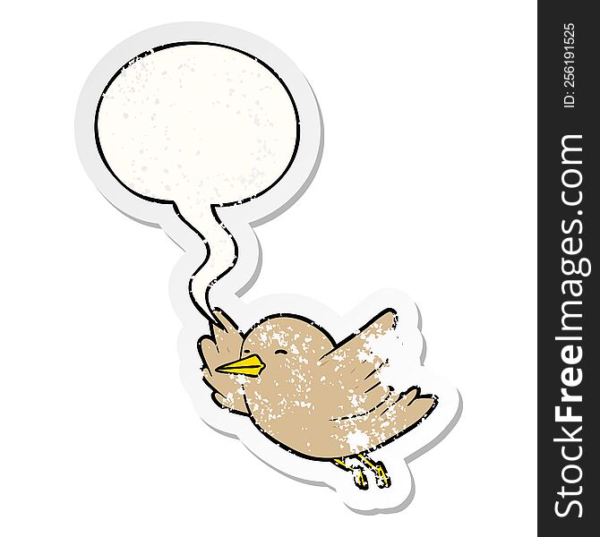 cartoon bird flying with speech bubble distressed distressed old sticker. cartoon bird flying with speech bubble distressed distressed old sticker