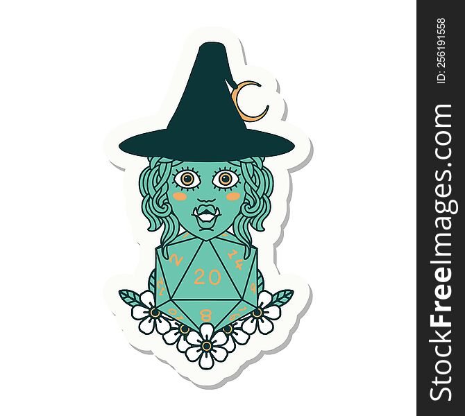 sticker of a half orc witch with natural twenty dice roll. sticker of a half orc witch with natural twenty dice roll