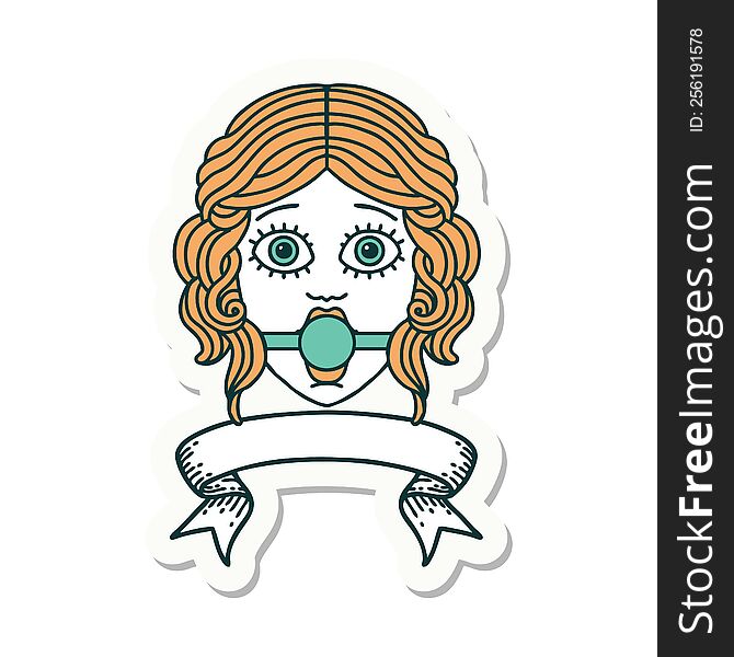 tattoo style sticker with banner of female face wearing a ball gag. tattoo style sticker with banner of female face wearing a ball gag