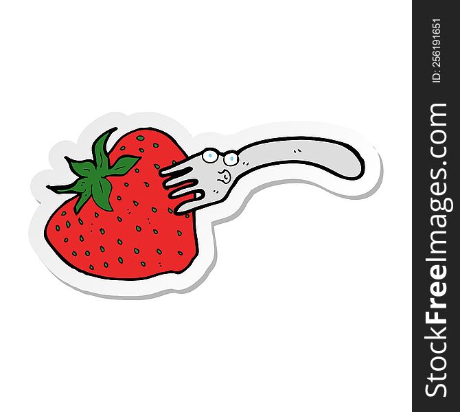 sticker of a cartoon fork in giant strawberry