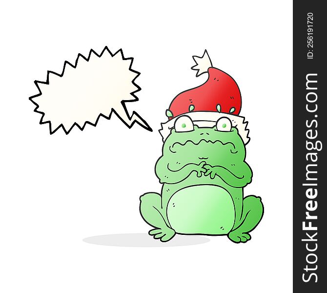 freehand drawn speech bubble cartoon frog in christmas hat
