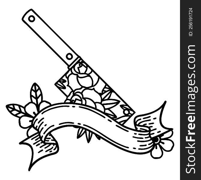 Black Linework Tattoo With Banner Of A Cleaver And Flowers