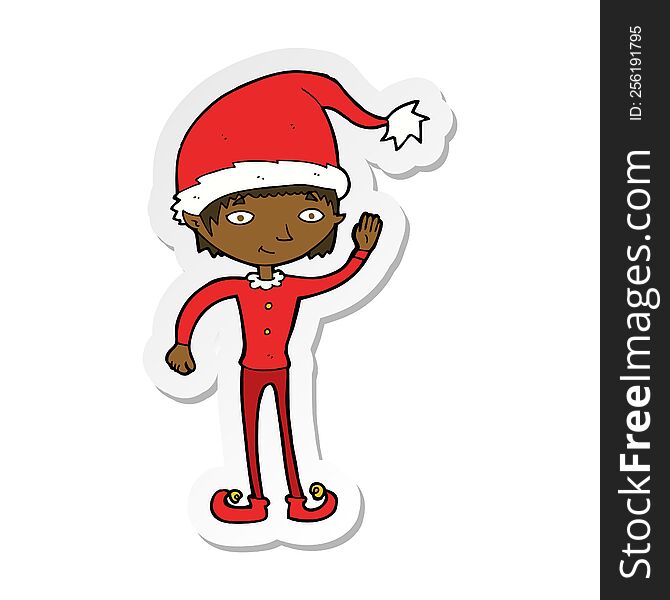 Sticker Of A Cartoon Waving Christmas Elf