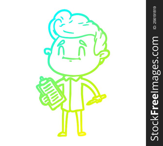 cold gradient line drawing of a happy cartoon man with pen and clipboard